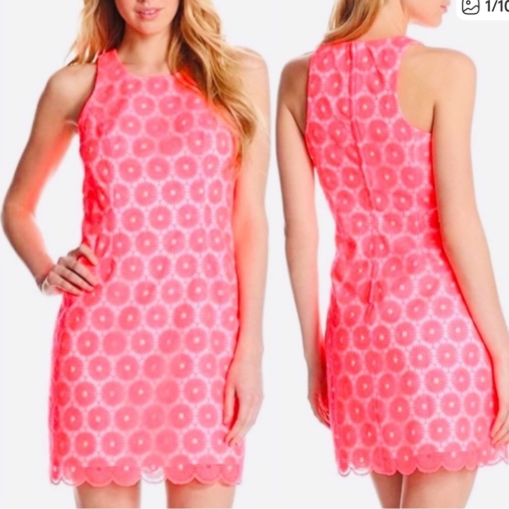 Lilly Pulitzer Bright Pink Eyelet Floral Dress with Pearl detail